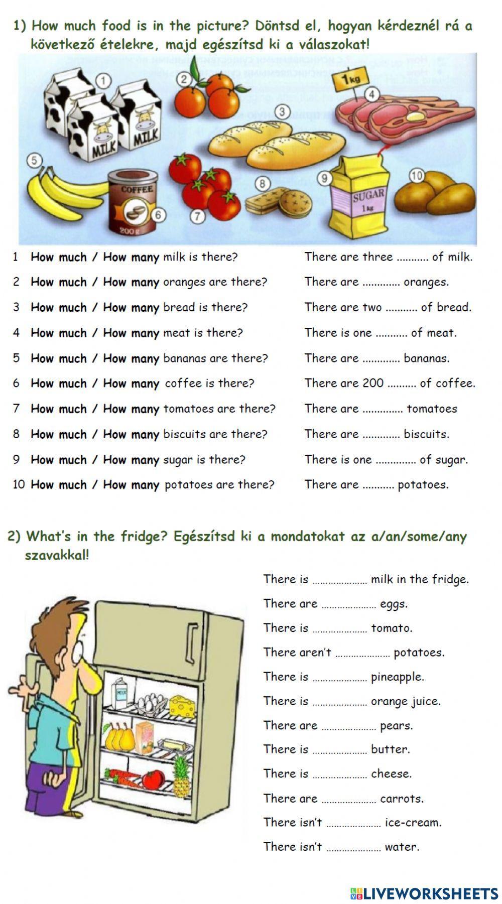 Food: how many?-how much?- some-any-a-an worksheet